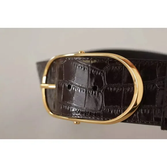 Dolce & Gabbana Brown Crocodile Pattern Leather Gold Oval Buckle Belt - Picture 6 of 7